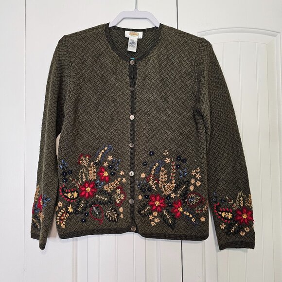 Vintage‎ Talbots Petites Embroidered Floral Cardigan Sweater Olive Green Size S - Picture 1 of 9